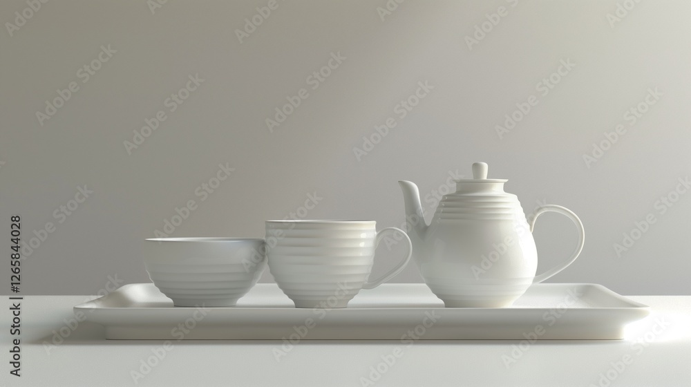 A white tray with two cups and a teapot, sitting on a white surface. A white tray with two cups and a teapot, sitting on a white surface.