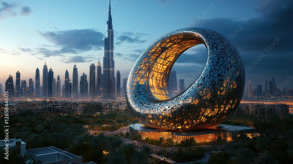 Naklejka premium Dubai futuristic architectural marvel at dawn