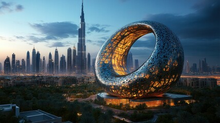 Deken met foto Dubai Dubai futuristisch gebouw bij zonsopgang  © AGUNG
