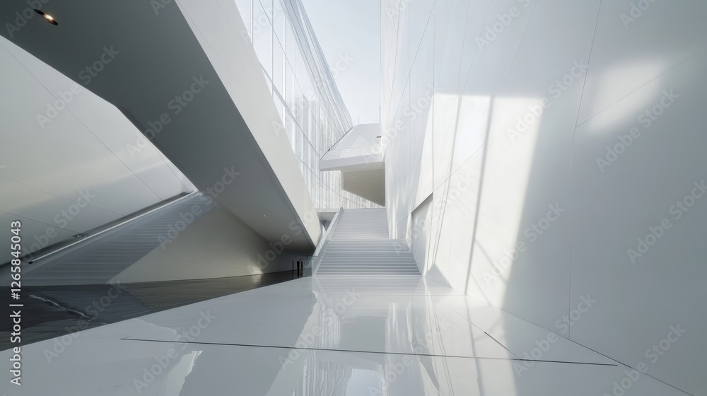 Fototapeta premium Modern office lobby with clean, minimal design and natural light, embodying simplicity and elegance.