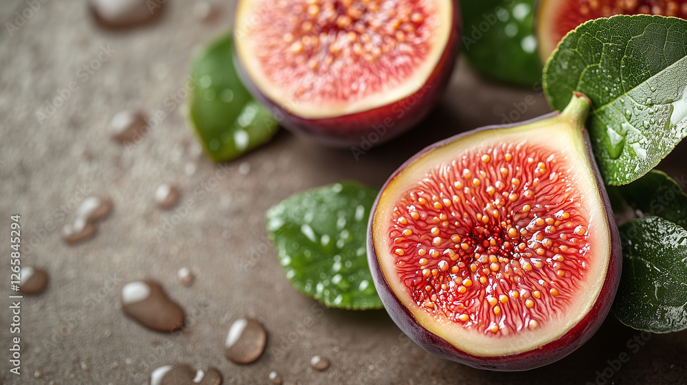 Fresh fig cut in half with leaves on textured surface Fresh fig cut in half with leaves on textured surface