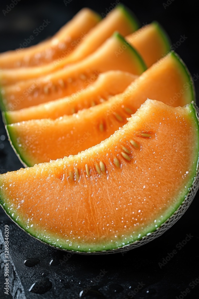 Fresh sliced cantaloupe melon with juicy orange flesh on black surface Fresh sliced cantaloupe melon with juicy orange flesh on black surface