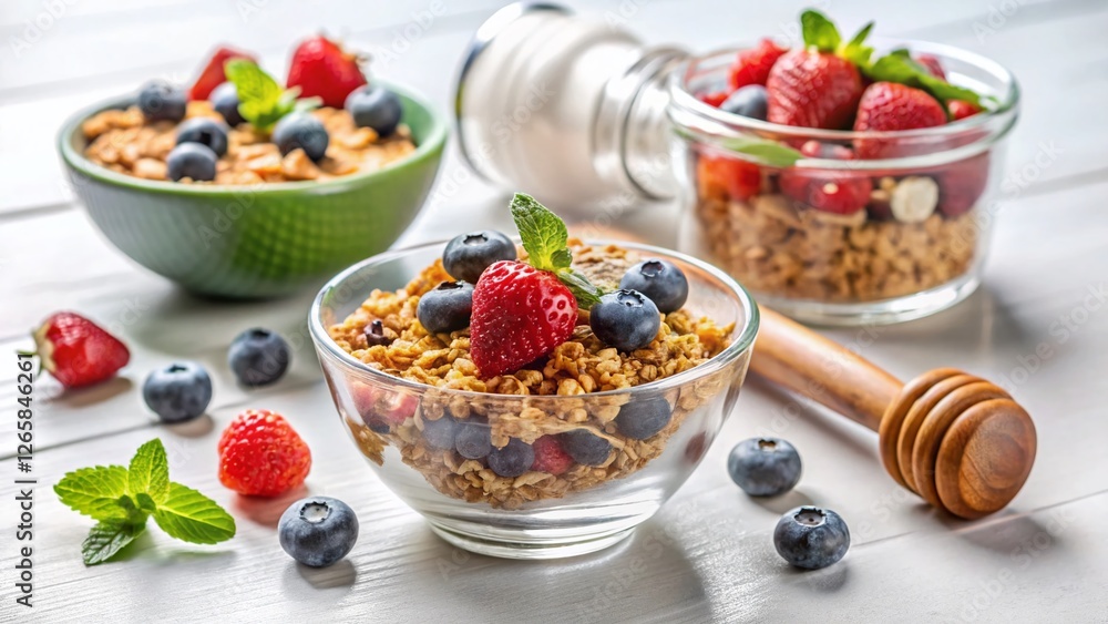 Healthy Homemade Granola Breakfast with Nuts, Berries & Dumbbells - Minimalist Fitness Food Photo Healthy Homemade Granola Breakfast with Nuts, Berries & Dumbbells - Minimalist Fitness Food Photo
