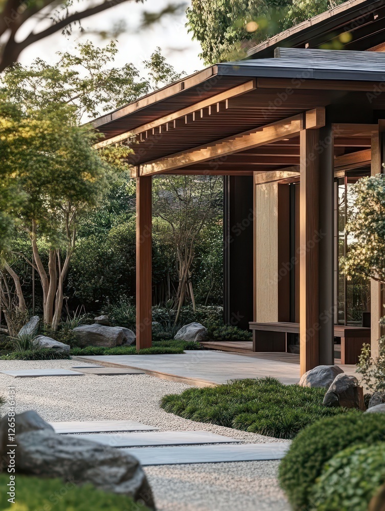 Serene outdoor space showcases architecture blending seamlessly with nature Serene outdoor space showcases architecture blending seamlessly with nature