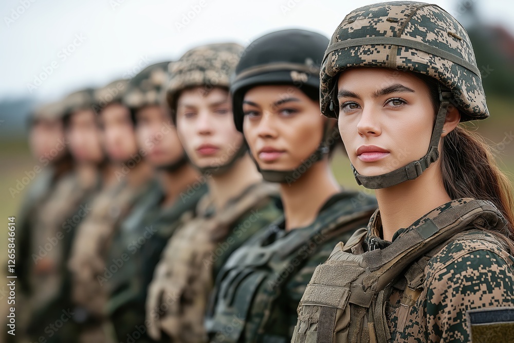 Fototapeta premium Women in military uniforms stand confidently in formation, showcasing unity and determination in a historic context