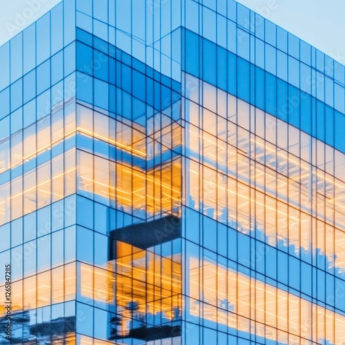 Modern Glass Office Building with Illuminated Interior at Dusk