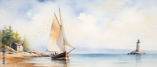 Fototapeta Naklejka Na Ścianę i Meble -  sailing on the river near lighthouse watercolour painting 