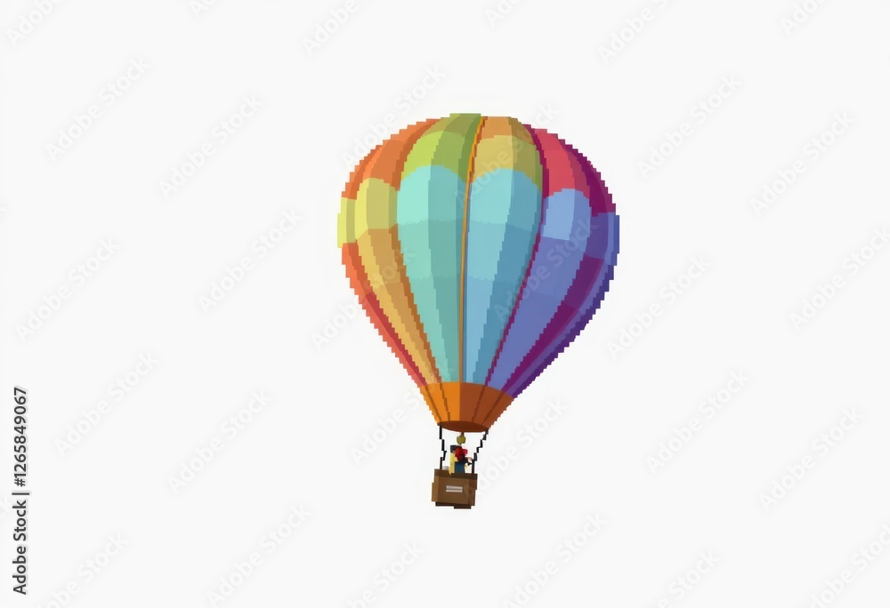 8-bit pixel art of a hot air balloon with a multicolored envelope, isolated on a white solid background 8-bit pixel art of a hot air balloon with a multicolored envelope, isolated on a white solid background
