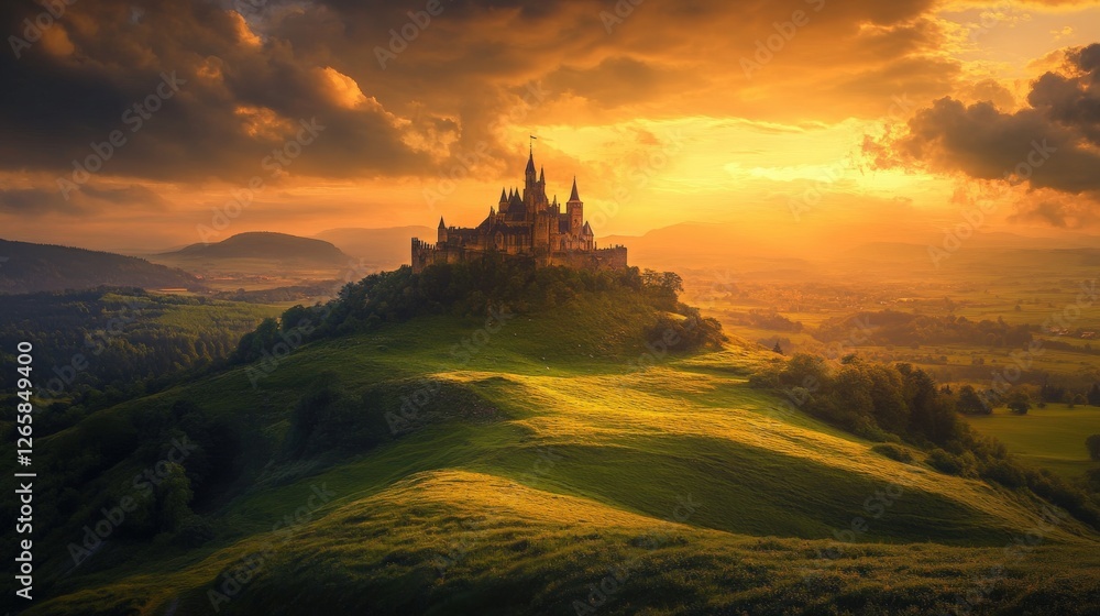 Obraz premium Majestic Castle Upon Verdant Hill at Sunset