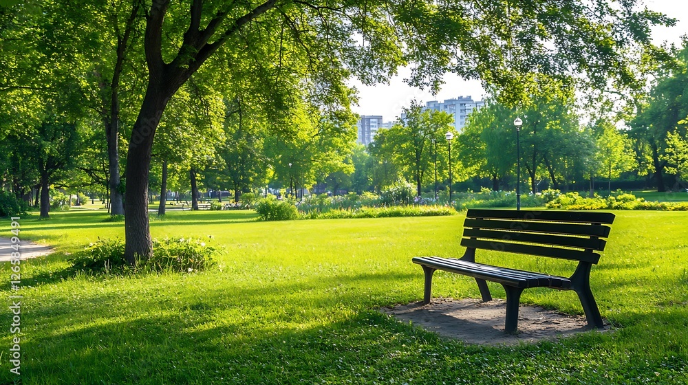 Tranquil Park Bench Under Lush Green Trees Tranquil Park Bench Under Lush Green Trees