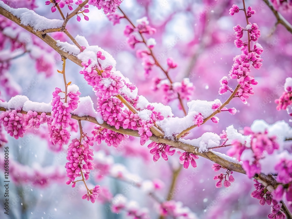 High-Key Redbud Tree Blossoms in Snowy Landscape - Springtime Nature Photography High-Key Redbud Tree Blossoms in Snowy Landscape - Springtime Nature Photography