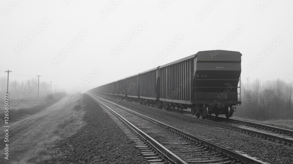 Foggy Railway Landscape with Cargo Train Foggy Railway Landscape with Cargo Train