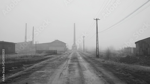 Foggy industrial road, abandoned factory, misty morning, tranquil scene, for editorial use