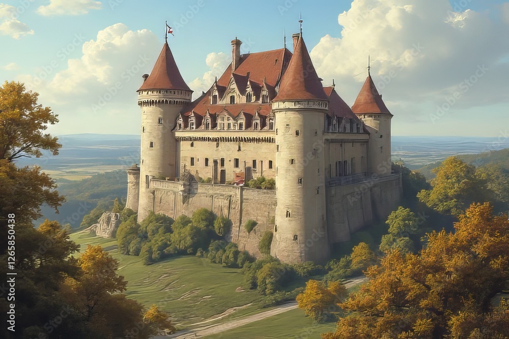 Obraz premium Majestic Medieval Castle Perched on a Hilltop with Autumnal Foliage