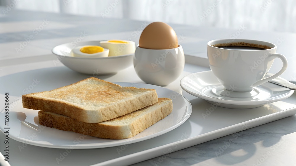 Enjoying a warm breakfast of toast, boiled eggs, and coffee on a bright morning in a cozy dining setting Enjoying a warm breakfast of toast, boiled eggs, and coffee on a bright morning in a cozy dining setting