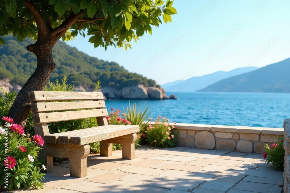 Obraz premium Aegina coastal garden bench, sun-drenched serenity, sunshine, travel, pathway