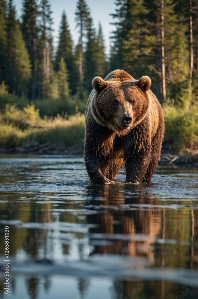 A grizzly bear wades through a serene river surrounded by lush greenery and trees. A grizzly bear wades through a serene river surrounded by lush greenery and trees.