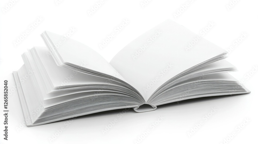 Fototapeta premium Clean presentation of a white spiral notebook opened to blank pages, set against a clean white backdrop for content layout demonstrations.