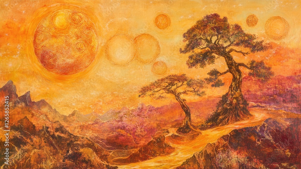 Naklejka premium Abstract Indigenous dreamscape with pulsating celestial bodies, floating trees, and rivers painted in warm, radiant hues.