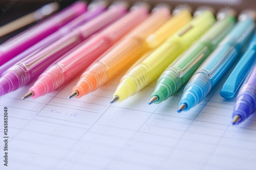 Fototapeta premium A collection of colorful gel pens is neatly arranged on an open planner, showcasing vibrant hues that invite creative expression and organized planning for daily activities