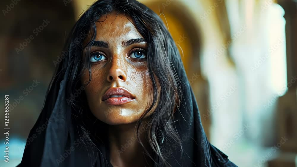 Thoughtful young woman in cloak with intense expression indoors. Face close-up Thoughtful young woman in cloak with intense expression indoors. Face close-up