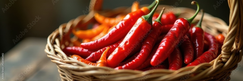 Close-up of assorted dried chili peppers in a wicker basket , orange, red, gourmet Close-up of assorted dried chili peppers in a wicker basket , orange, red, gourmet
