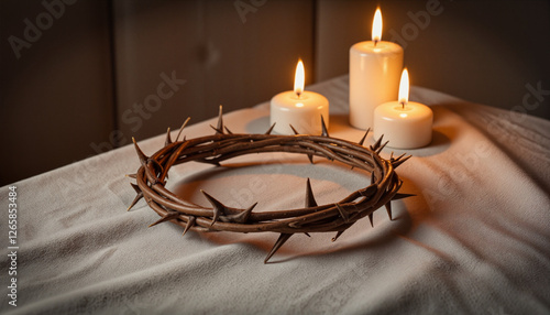 Handmade crown of thorns on linen cloth with candles, evoking sacred Maundy Thursday mood photo