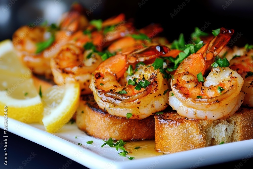 Sautéed Shrimp Bruschetta. Perfectly grilled shrimp on crispy toasts topped with fresh herbs and lemon Sautéed Shrimp Bruschetta. Perfectly grilled shrimp on crispy toasts topped with fresh herbs and lemon
