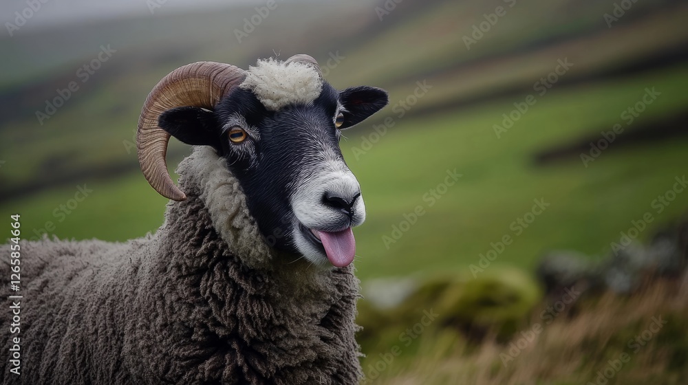 Fototapeta premium Sheep playfully sticking out its tongue, a moment of lighthearted charm.