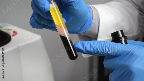 Medical Doctor Describing Separate Layers of Blood Platelet Rich Plasma PRP White Labcoat Blue Gloves