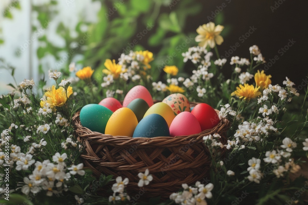 A collection of vibrant Easter eggs fills a woven basket, nestled among delicate spring flowers. Soft natural light enhances the colorful display, capturing the essence of the season A collection of vibrant Easter eggs fills a woven basket, nestled among delicate spring flowers. Soft natural light enhances the colorful display, capturing the essence of the season