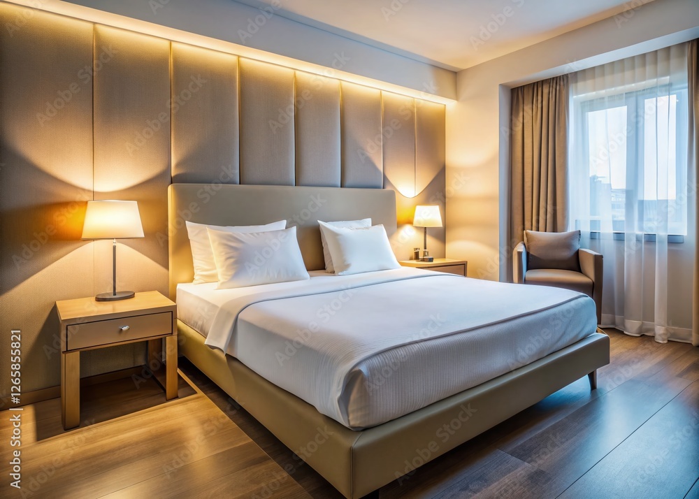 Hotel Bedroom Minimalist Design: White Mattress, Double Bed, Long Lamps Hotel Bedroom Minimalist Design: White Mattress, Double Bed, Long Lamps