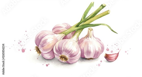 Watercolor garlic head on white background