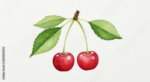 Watercolor cherries with leaves on white background