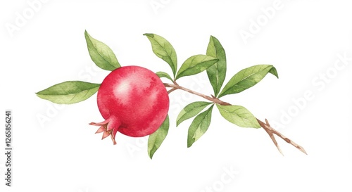 Watercolor pomegranate with leaves on white background
