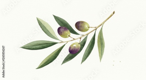 Watercolor branch of olives on white background