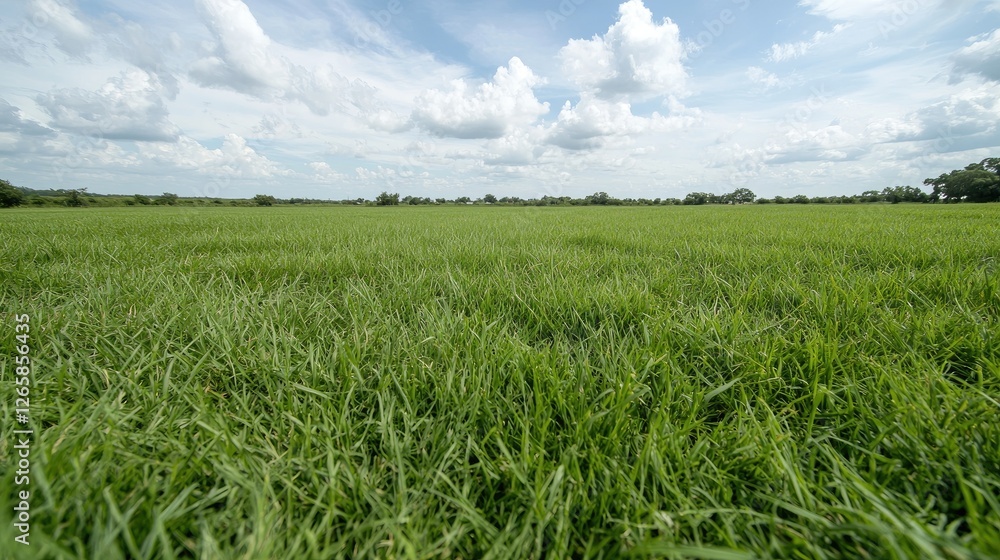 Obraz premium Wide shot of a grassy field under a partly cloudy sky. Possible use Nature photography