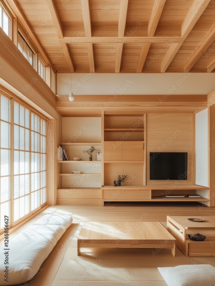 Light wood interior with shelving and large window panels Light wood interior with shelving and large window panels