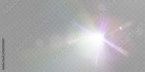 	
Bright lens flare with rainbow light effects on transparent background.	