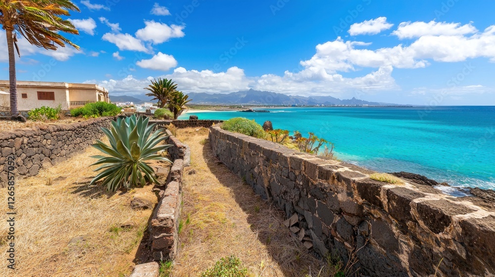 Coastal walkway, sunny day, Canary Islands, tranquil scene Coastal walkway, sunny day, Canary Islands, tranquil scene