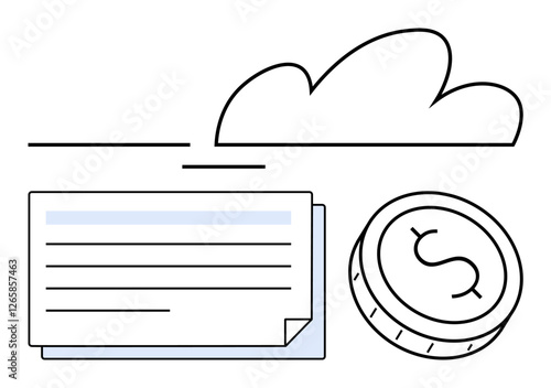 Stack of financial documents and a coin with a dollar sign under a cloud. Ideal for finance, banking, digital economy, cloud storage, accounting, budget management, investments. Line metaphor photo