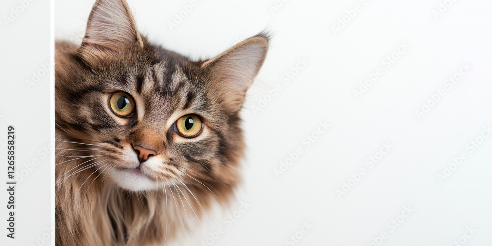 Obraz premium A cat with a long, fluffy tail and a yellowish-green eye is looking at the camera