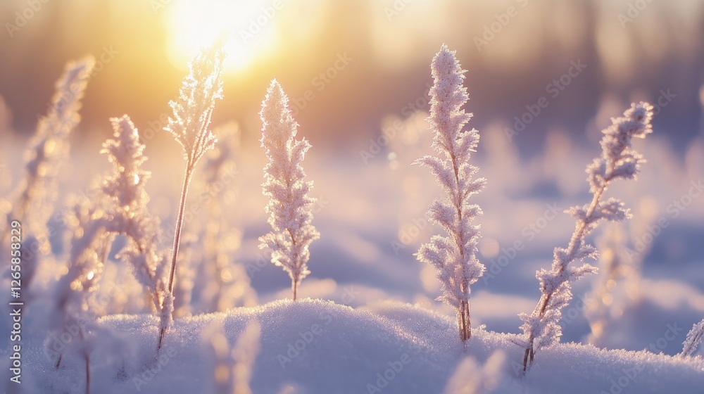 Golden hour illuminates frosted plants in a serene winter wonderland scene Golden hour illuminates frosted plants in a serene winter wonderland scene