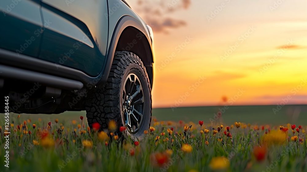 Close Up Of Green Pickup Truck Parked In Wildflower Field At Sunset Close Up Of Green Pickup Truck Parked In Wildflower Field At Sunset