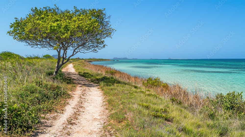Coastal path, tranquil turquoise water, secluded beach, lush vegetation Coastal path, tranquil turquoise water, secluded beach, lush vegetation