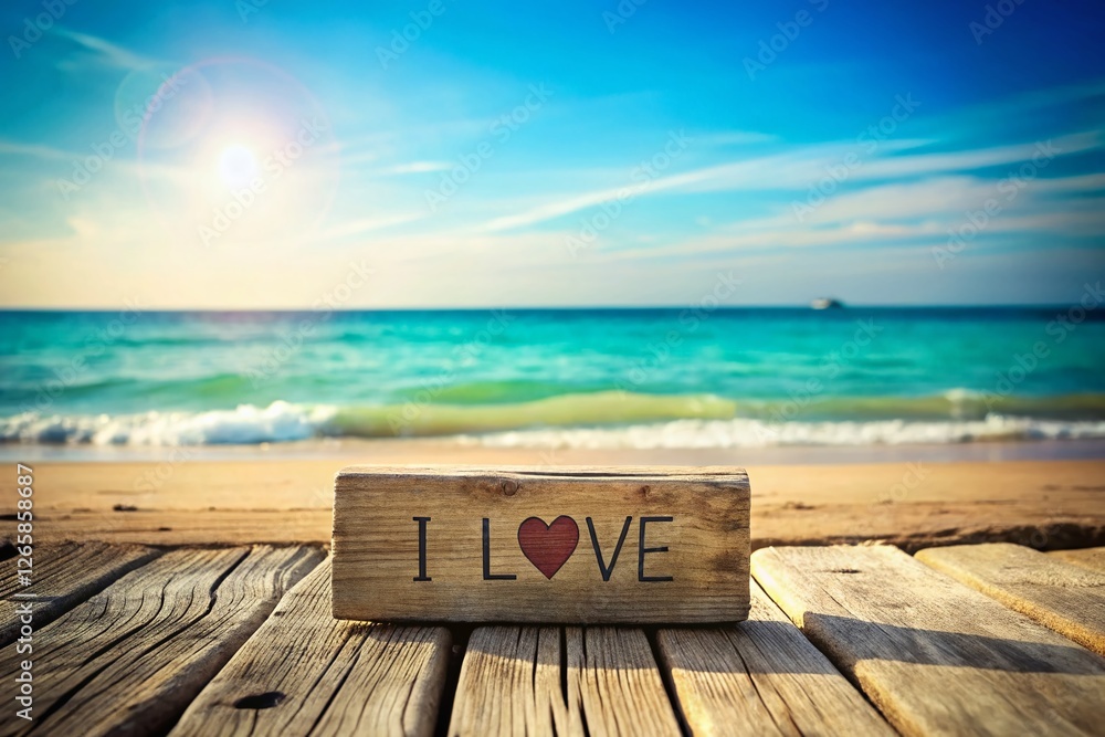 I Love Summer Beach Minimalist Wooden Sign Stock Photo