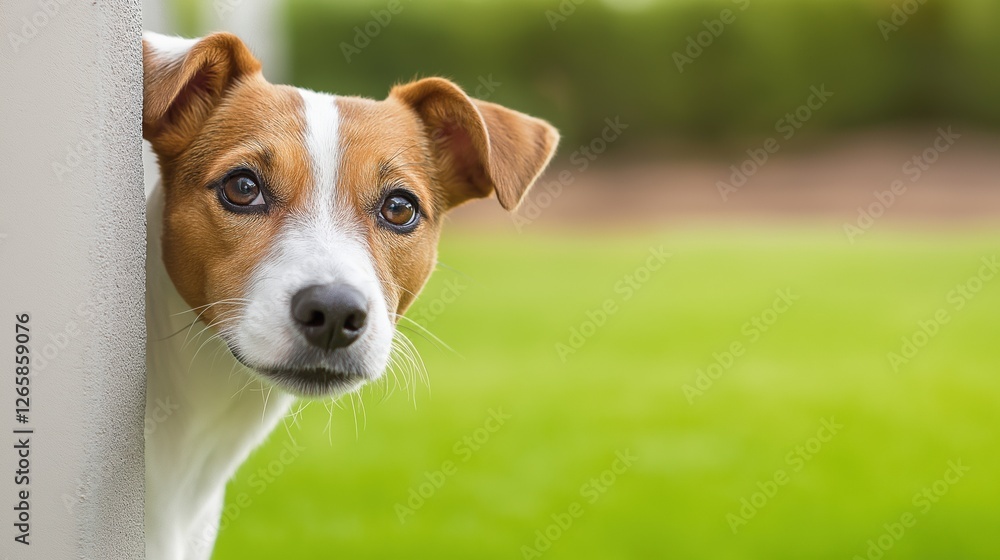 A dog is looking out of a window. The dog is brown and white. The grass is green A dog is looking out of a window. The dog is brown and white. The grass is green
