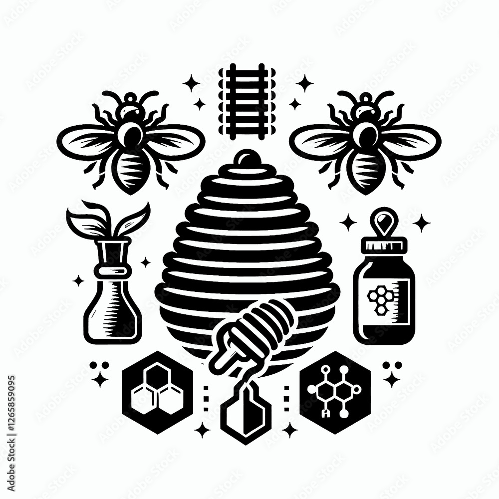 Naklejka premium illustration, vector, image, art, art image, wallpaper, hive, bee, bee hive, logo bee, logo, icon, black and white