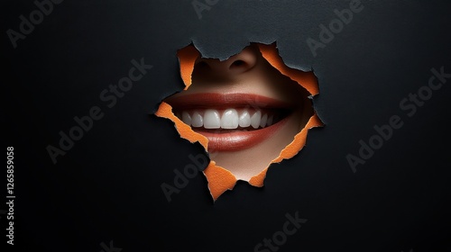 A bright and inviting smile is revealed through a tear in a black paper backdrop, creating a striking contrast and an element of surprise for the observer.
