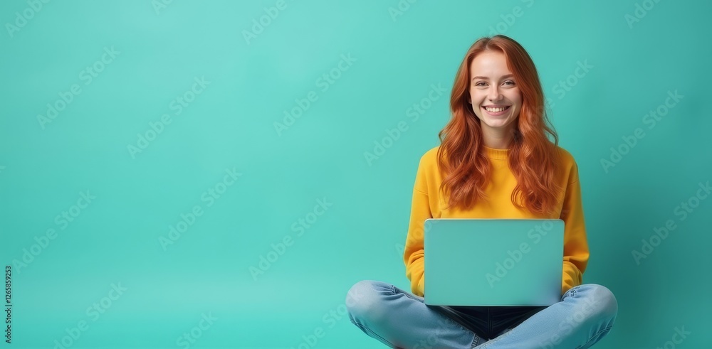 Smiling cheerful smart young ginger woman wearing casual teenage clothes using laptop computer sitting on floor in lotus pose looking at camera isolated over turquoise background with copy space Smiling cheerful smart young ginger woman wearing casual teenage clothes using laptop computer sitting on floor in lotus pose looking at camera isolated over turquoise background with copy space
